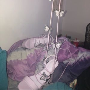 purple butterfly lace up heels